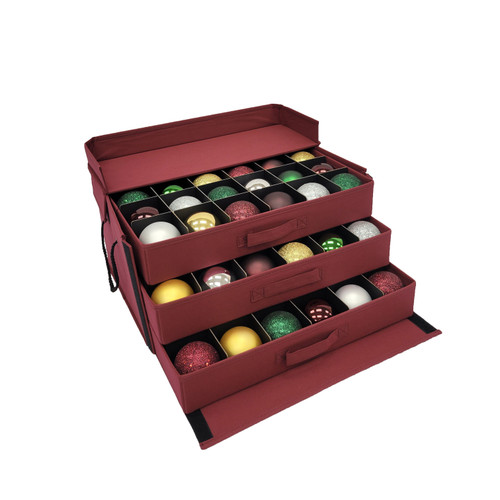 Christmas Ornament Storage Box with 3 Slide Out Trays, Adjustable Acid-Free Dividers, Holds 72 - 3 Inch Ornaments (20"L x 14"W x 10"H,  SB-10496F-VT)